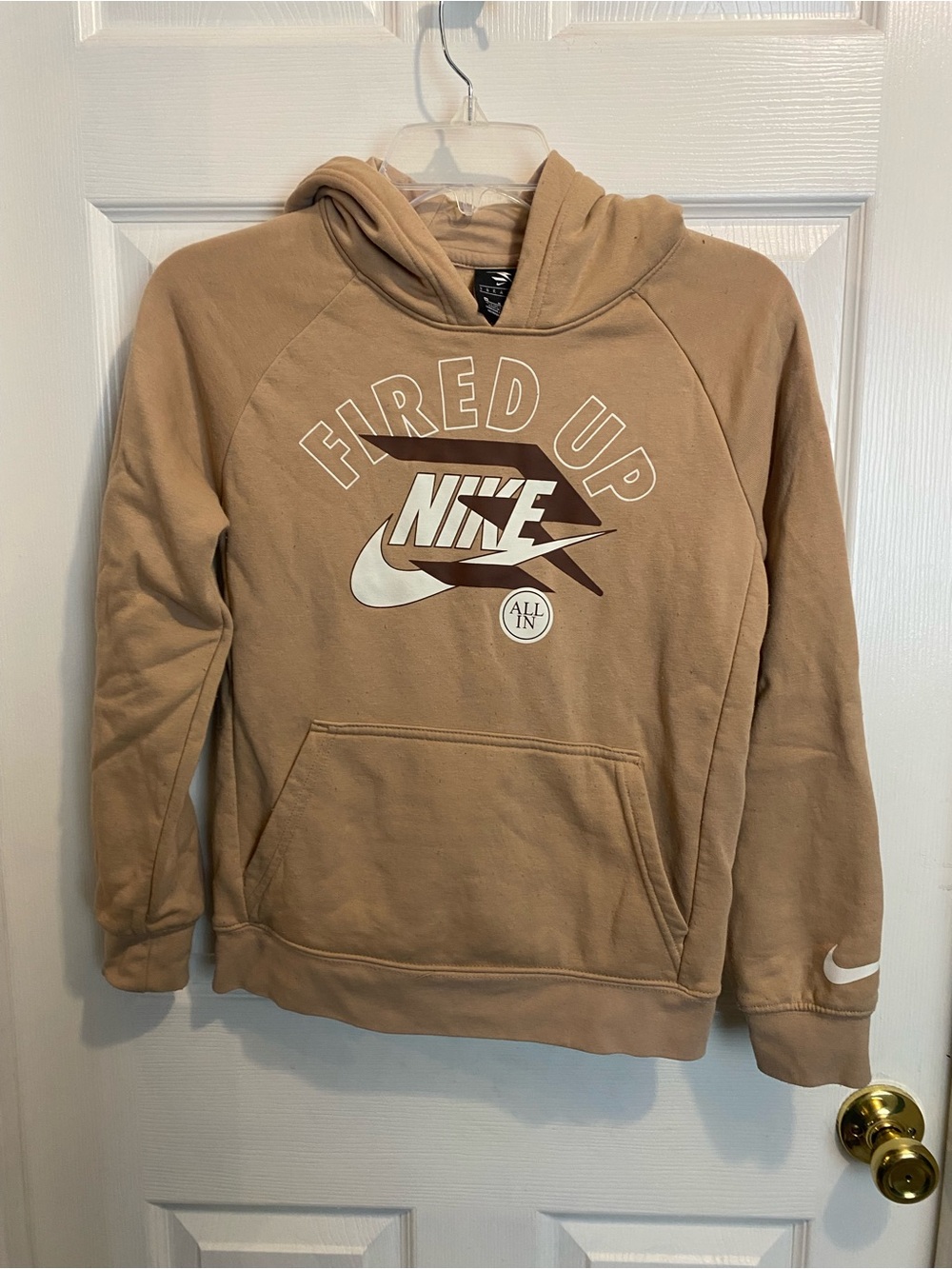 Nike Youth 'Fired Up' Hoodie in Tan with White Logo